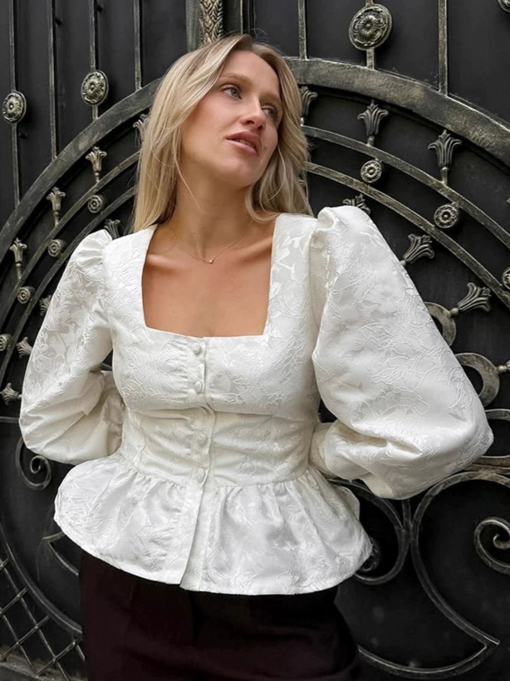 Forever 21 White Jacquard Square Collar Puff Sleeve Blouse Fall Waist Cinching